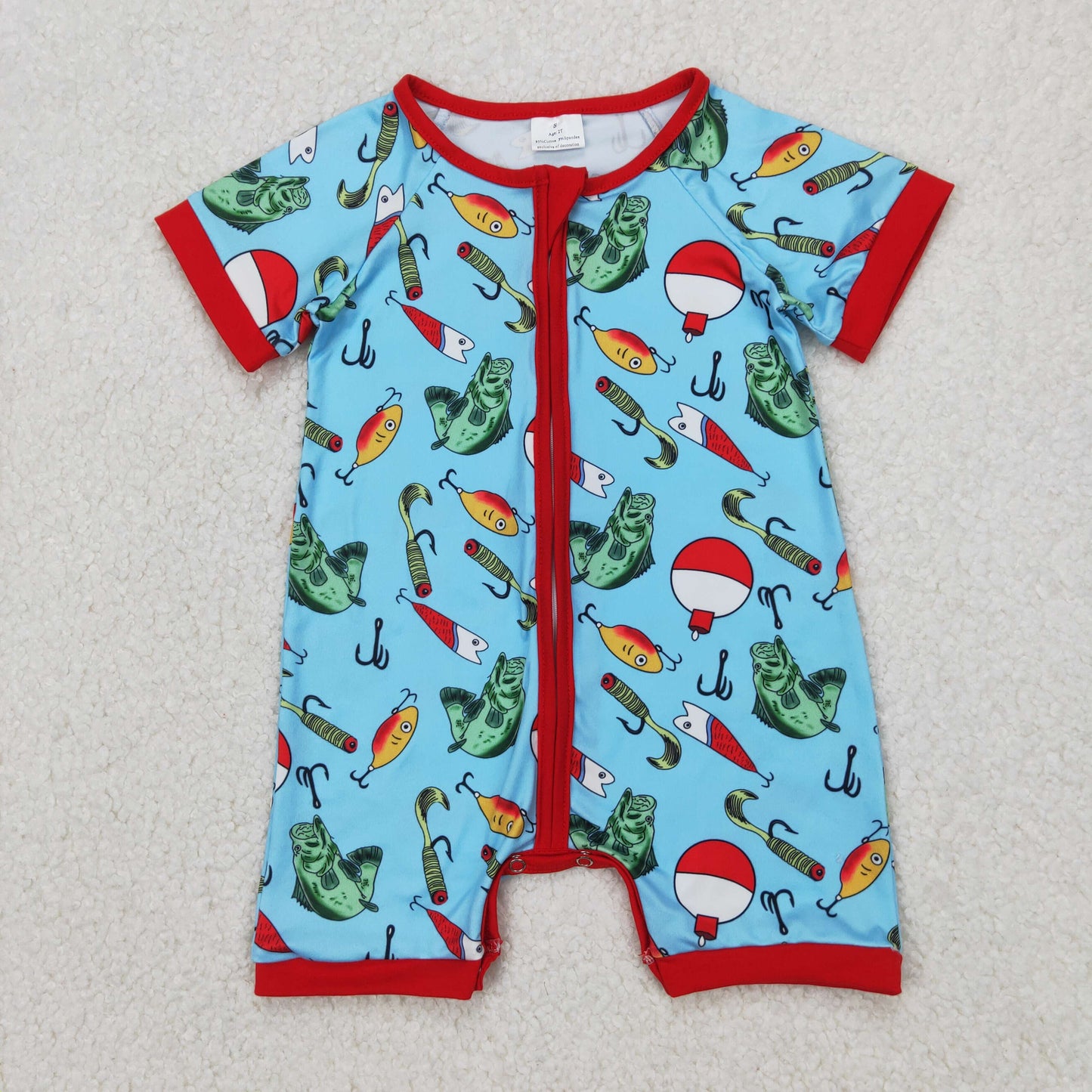 4.10 SR2707 RTS NO MOQ Baby Boys Summer Romper Baby Boys Blue Short Sleeves Fishes Hunting Zipper Rompers