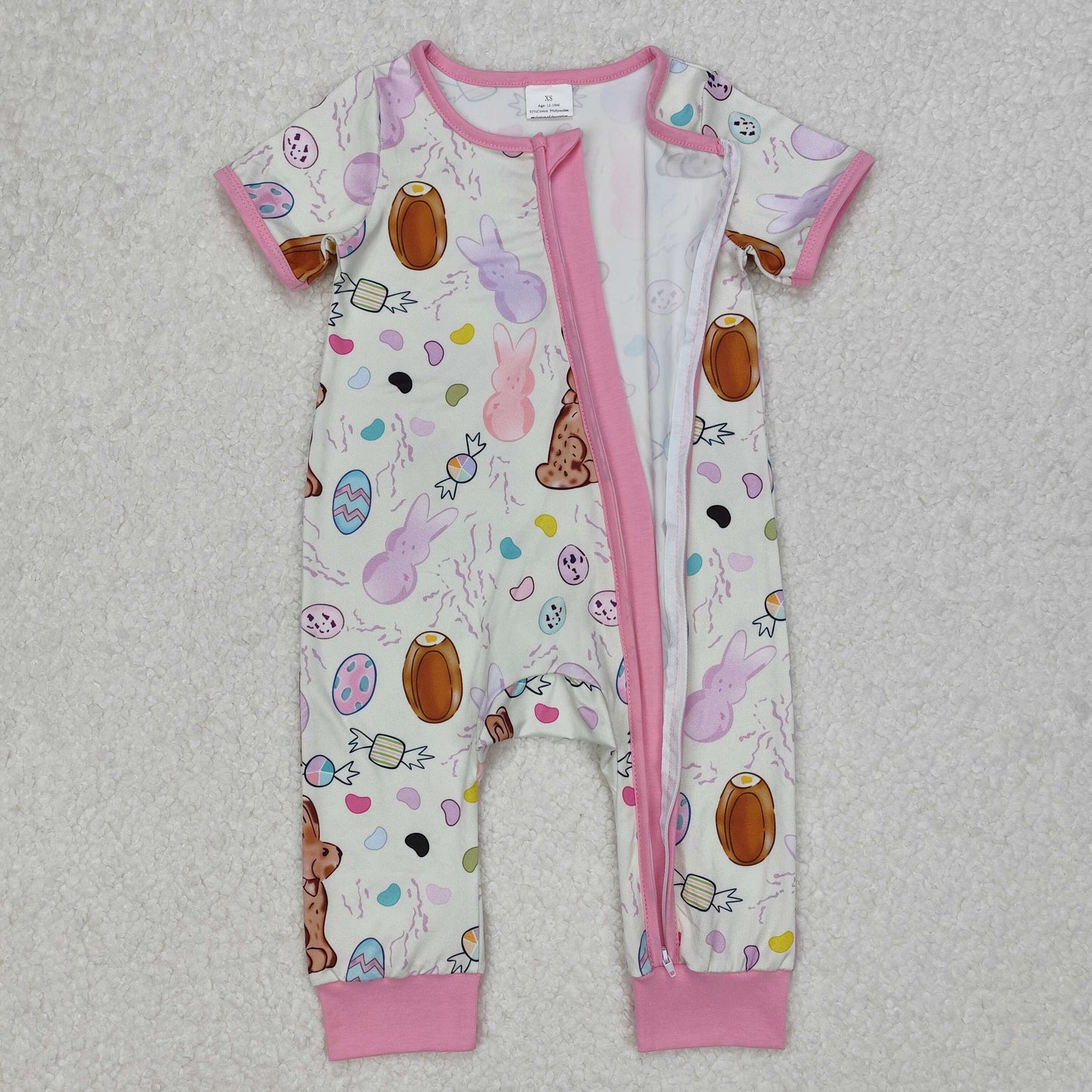 SR2712Pink Zip Romper Short Sleeves for Baby Girls Easter Themed Rabbit Design Baby Girl's Outfit Pink Rompers for Spring