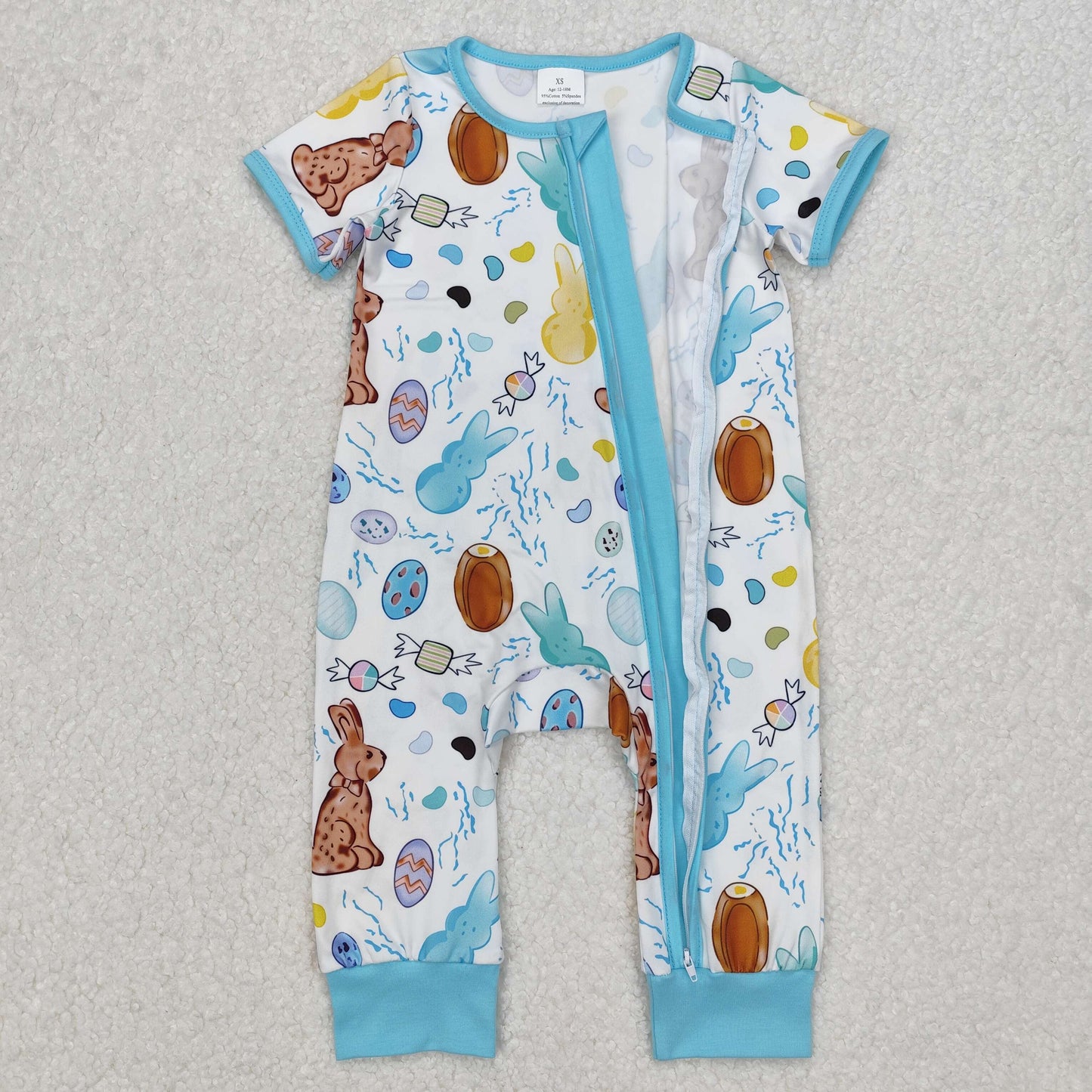 SR2713Blue Easter Zip Romper Short Sleeves for Baby Boys with Rabbit And Eggs Design Baby Outfit for Spring