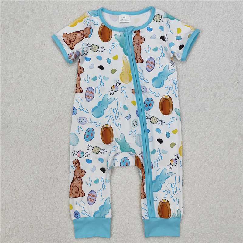 4.22 RTS NO MOQ Blue Easter Zip Romper Short Sleeves for Baby Boys with Rabbit And Eggs Design Baby Outfit for Spring