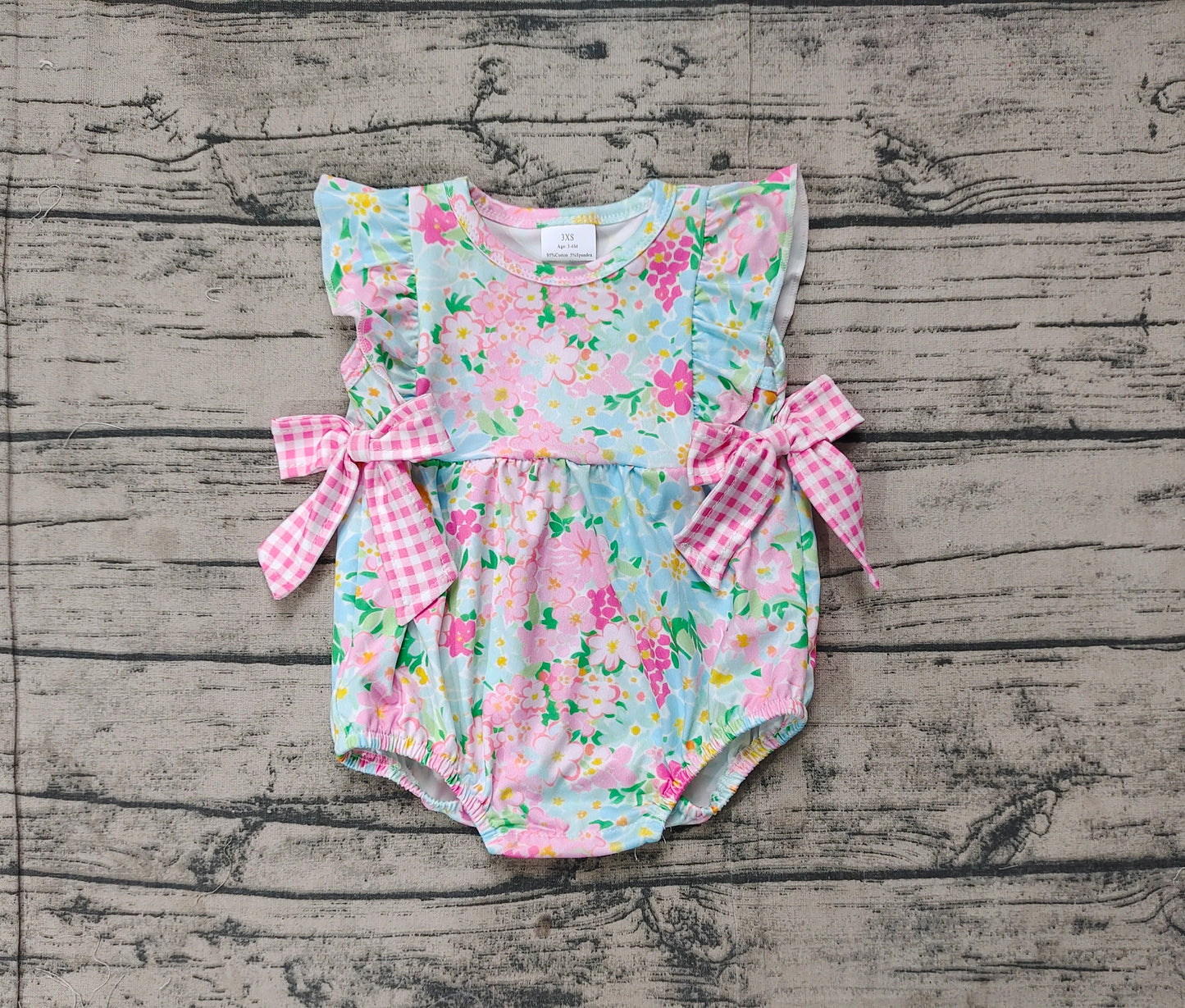 SR2719Adorable Ruffle Floral Pink Plaid Bow Baby Girls Summer Romper