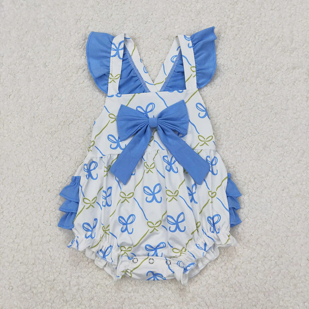 12.5 RTS Sibling Baby Girls Blue Bows Rompers Outfits Sets