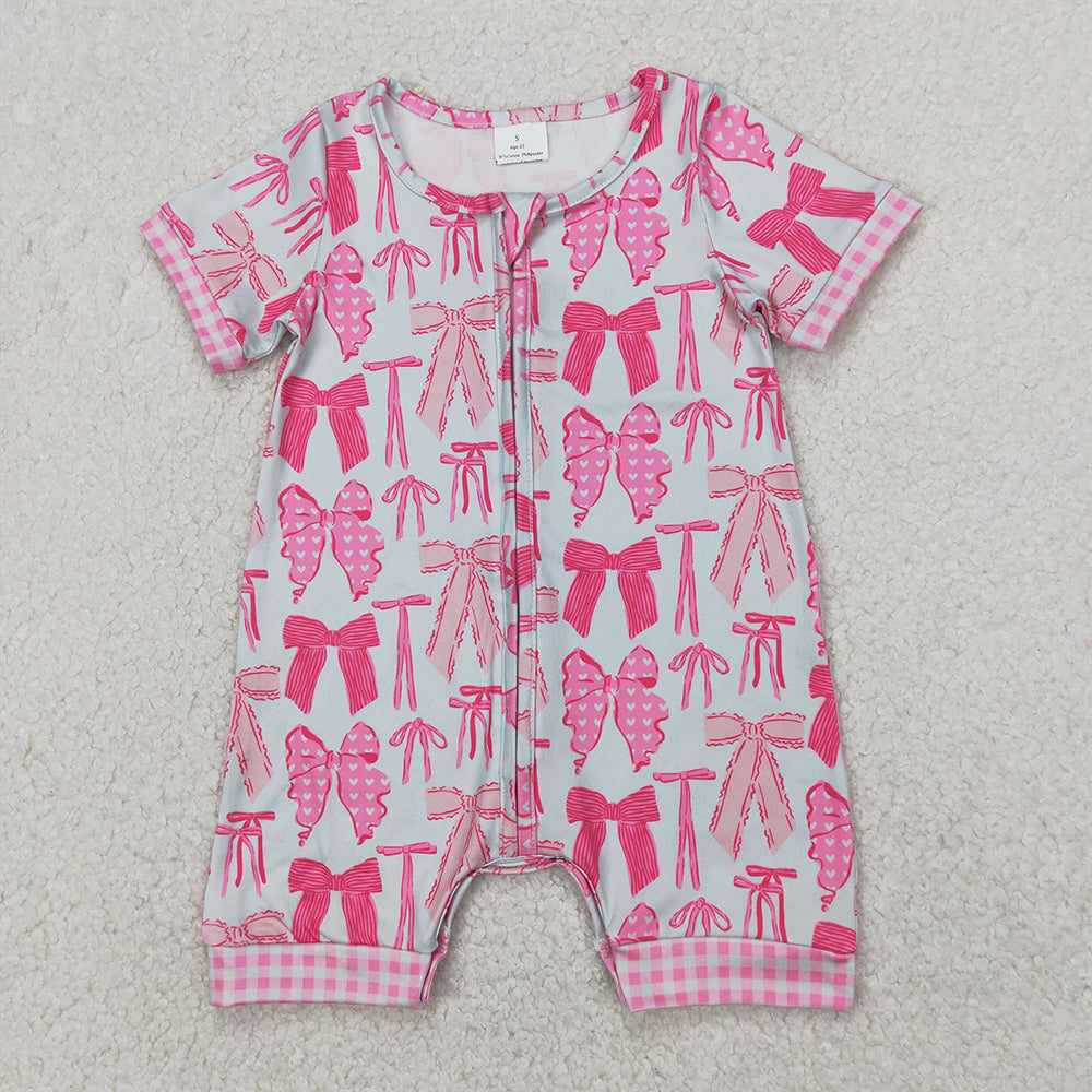 4.07 SR2771 RTS NO MOQ Baby Girls Summer Rompers Pink plaid short sleeves bow baby girls zipper romper