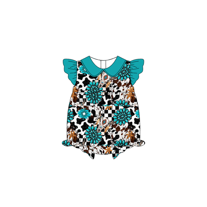 Turquoise Bull Skull Western Girls Outfit with Flutter Sleeves Unique Country Style Children's Clothing