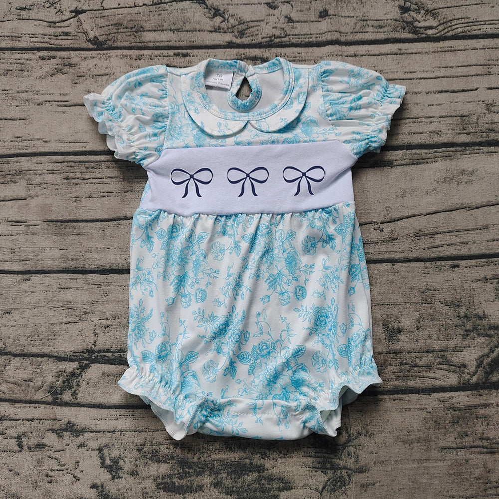 SR2784Short sleeves light blue floral bow baby girls summer romper