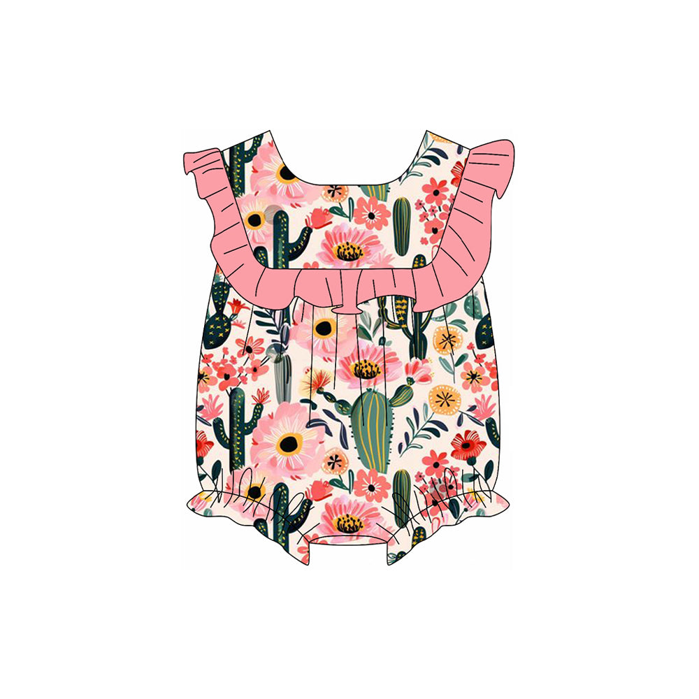 Girls Western Style Ruffle Shorts Set Pink Cactus Floral Tunic Top And Bottoms Outfit for Kids