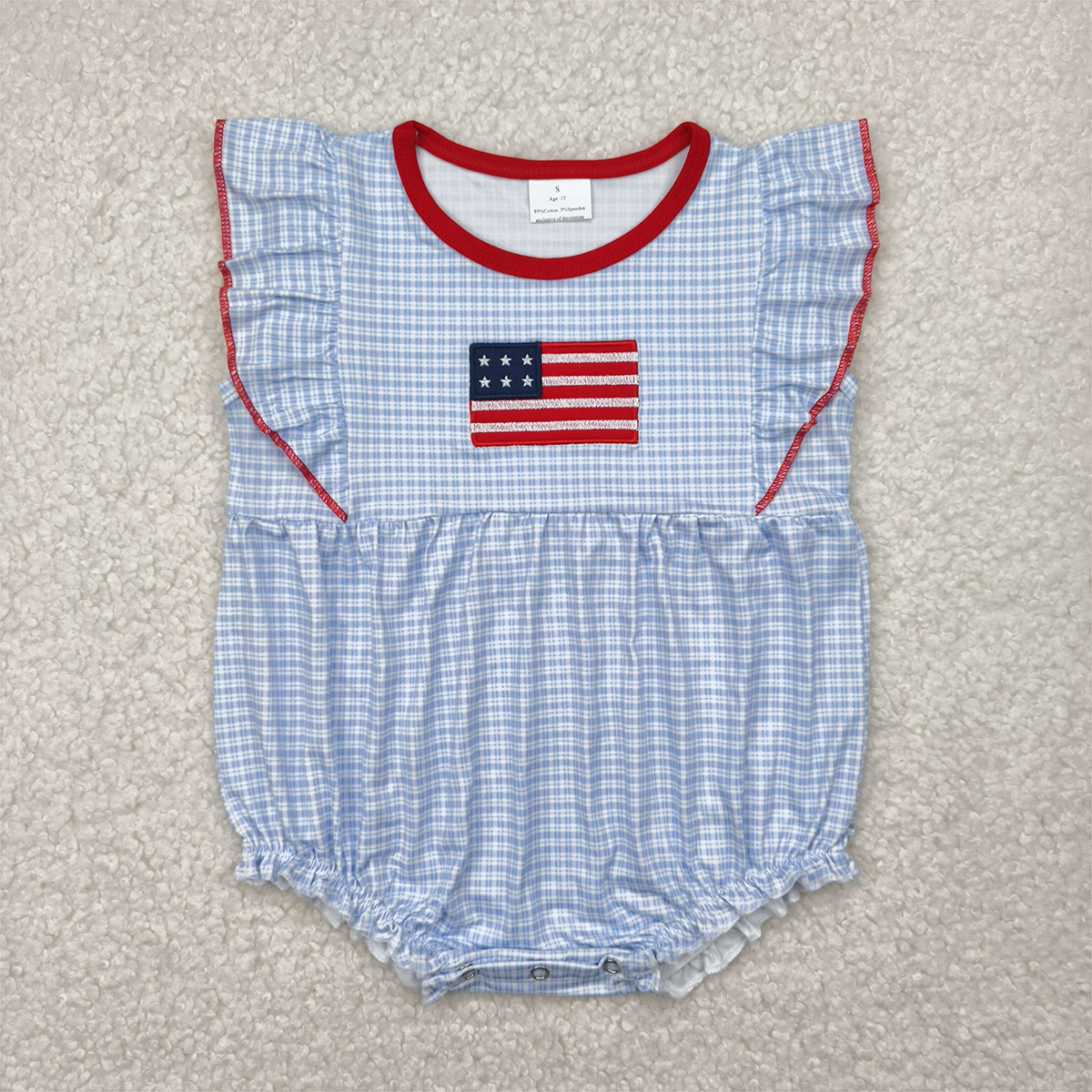 4.24 SR2817 RTS NO MOQ Baby Girls Summer Rompers Flutter sleeves plaid flag baby girls 4th of july romper