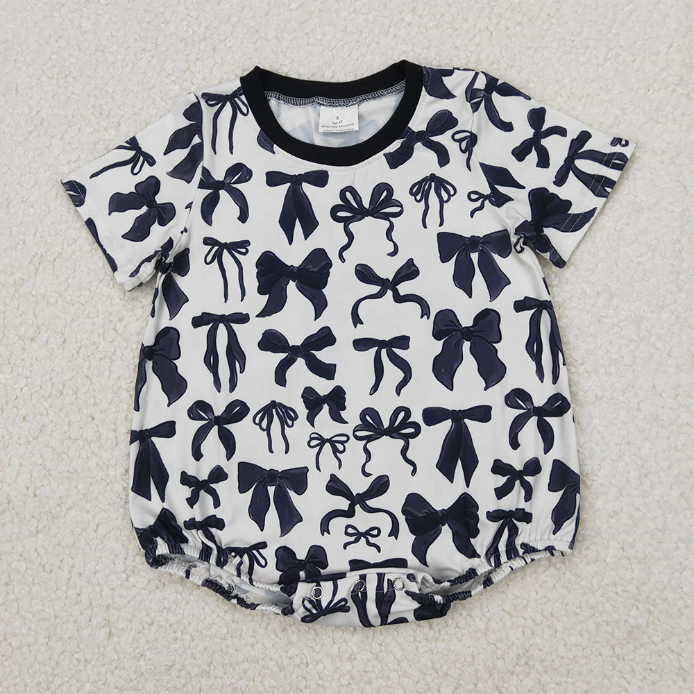 6.11 SR2820 RTS NO MOQ Baby Girls Summer Romper Short sleeves black bow baby girls summer romper