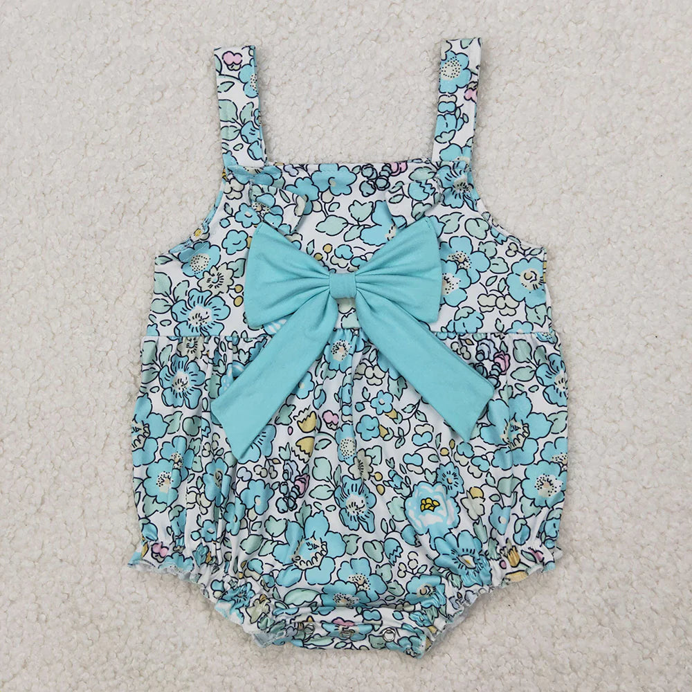 12.1 RTS Sibling Baby Girls Blue Flowers Big Bow Rompers Dresses