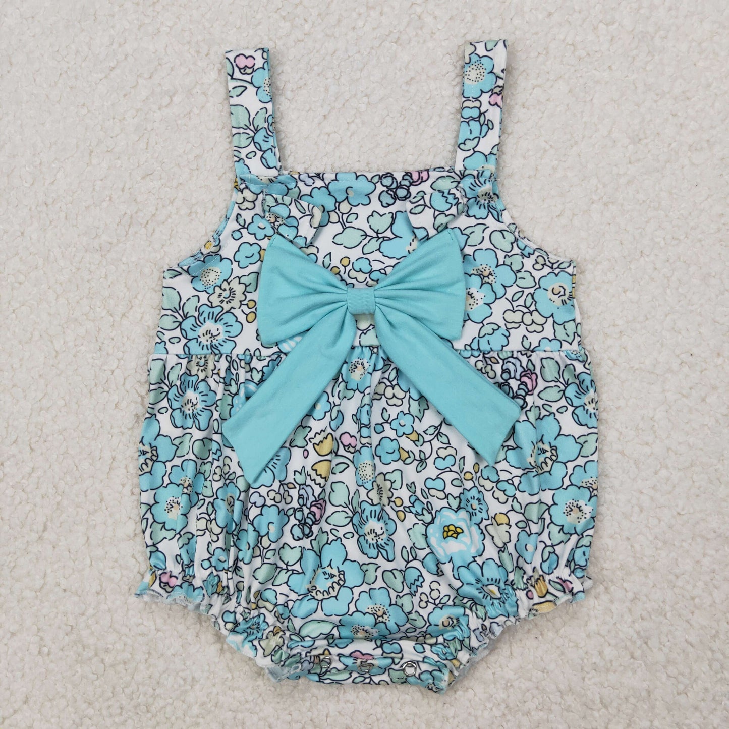 4.10 SR2829 RTS NO MOQ Baby Girls Summer Romper Baby Girls Light Blue Floral Bow Top Rompers