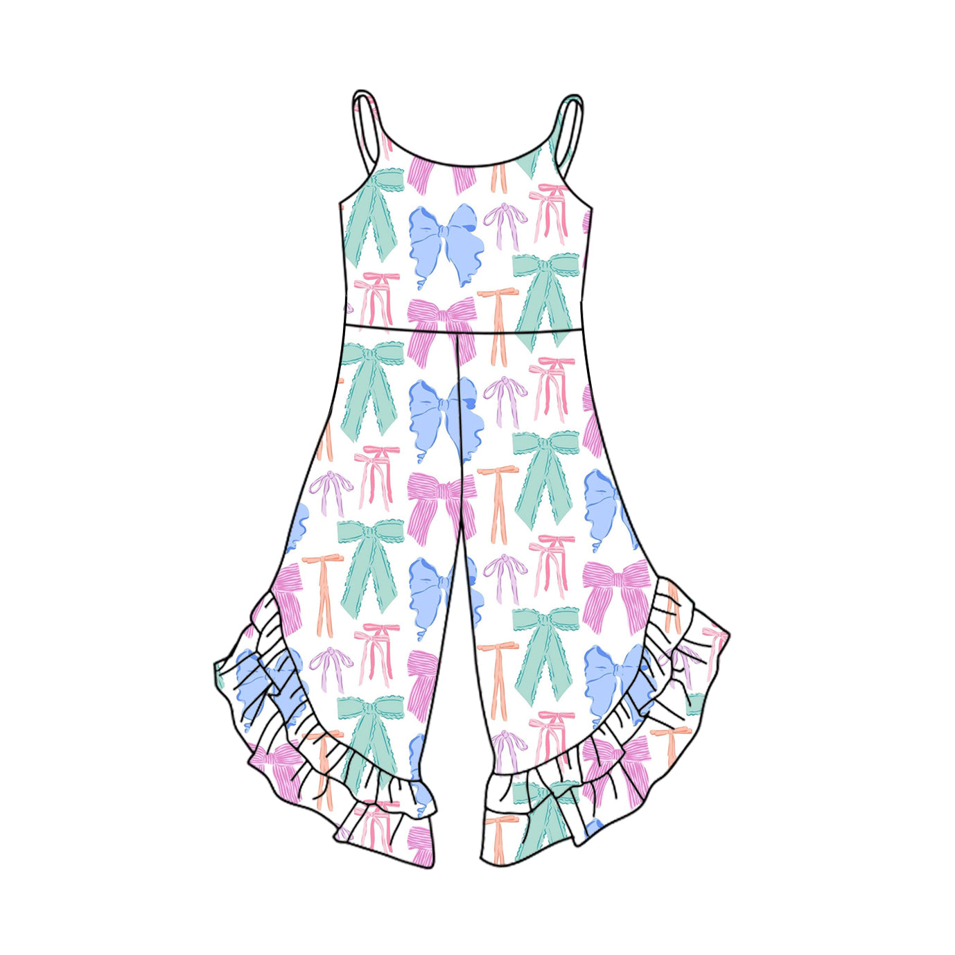 Light Blue Straps Bows and Ruffles Jumpsuit Set for Toddler Girls