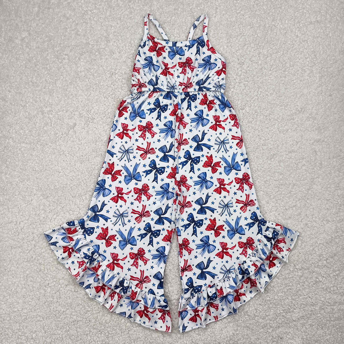 6.09 SR2865 RTS NO MOQ Baby Girls Summer Jumpsuits Straps stars blue red bow girls 4th of july jumpsuit