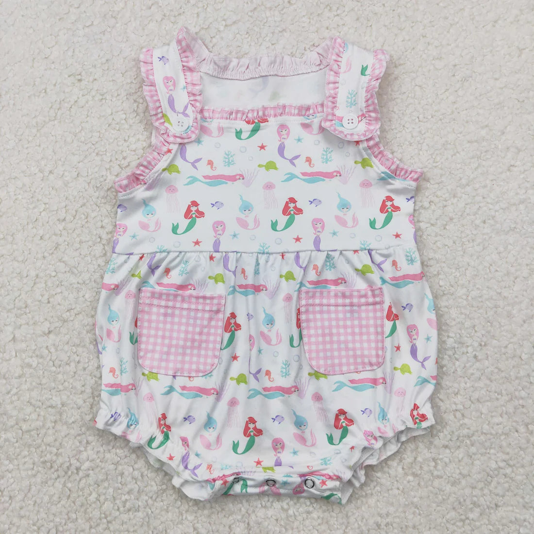 3.26 RTS Sibling Baby Girls Sleeveless Pink Sea Fishes Knee Length Dress Rompers