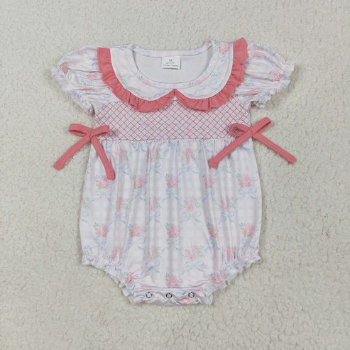 11.8 RTS Sibling Embroidery Baby Girls Pink Bows Rompers Outfits Sets