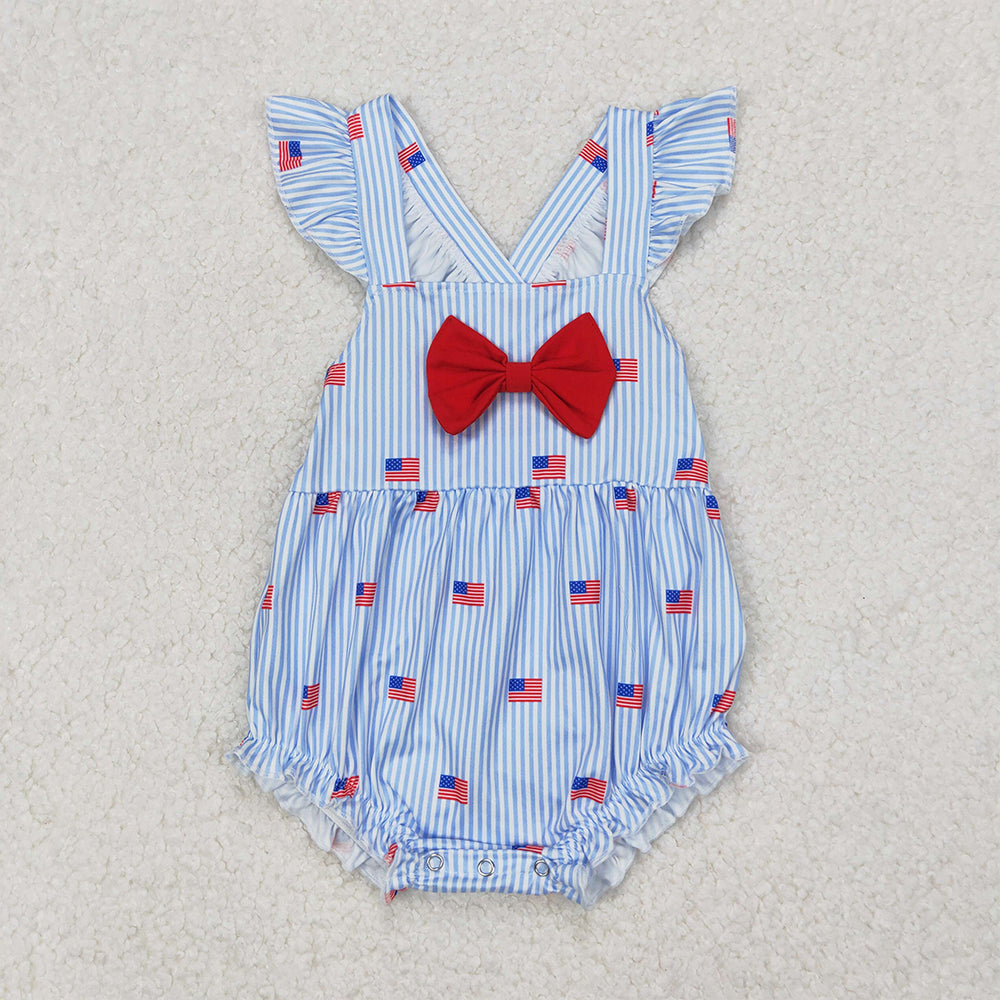 4.17 SR2921 RTS NO MOQ Flutter sleeves stripe flag baby girls 4th of july romper