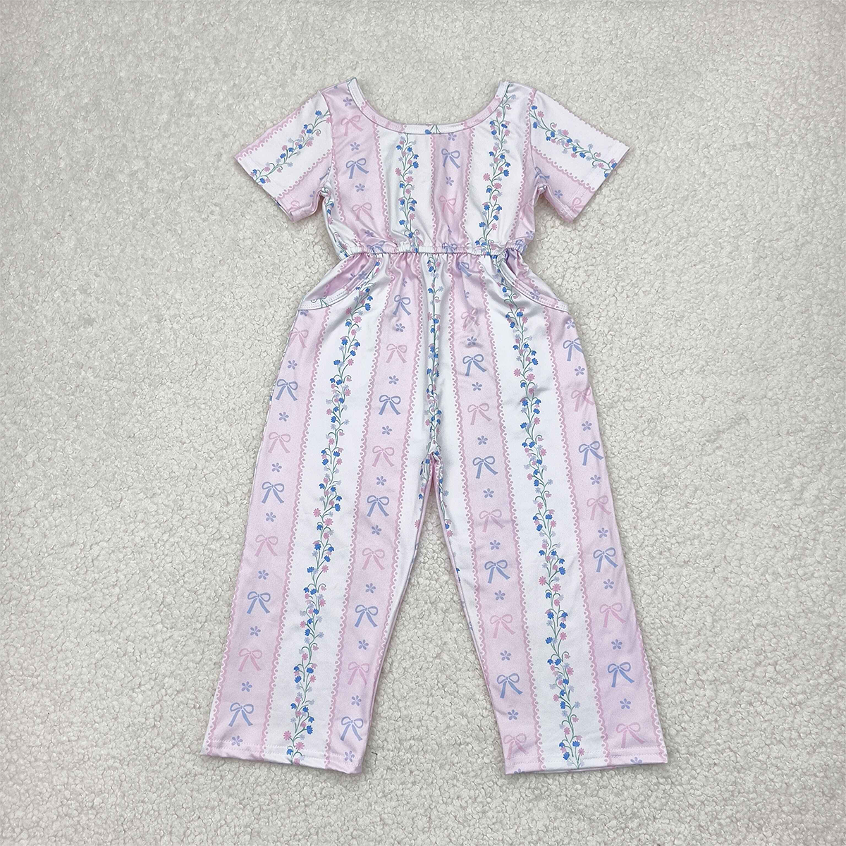 6.13 SR2941 RTS NO MOQ Baby Girls Summer Jumpsuits Baby Girls Pink Short Sleeves Bows Floral Pockets Jumpsuits
