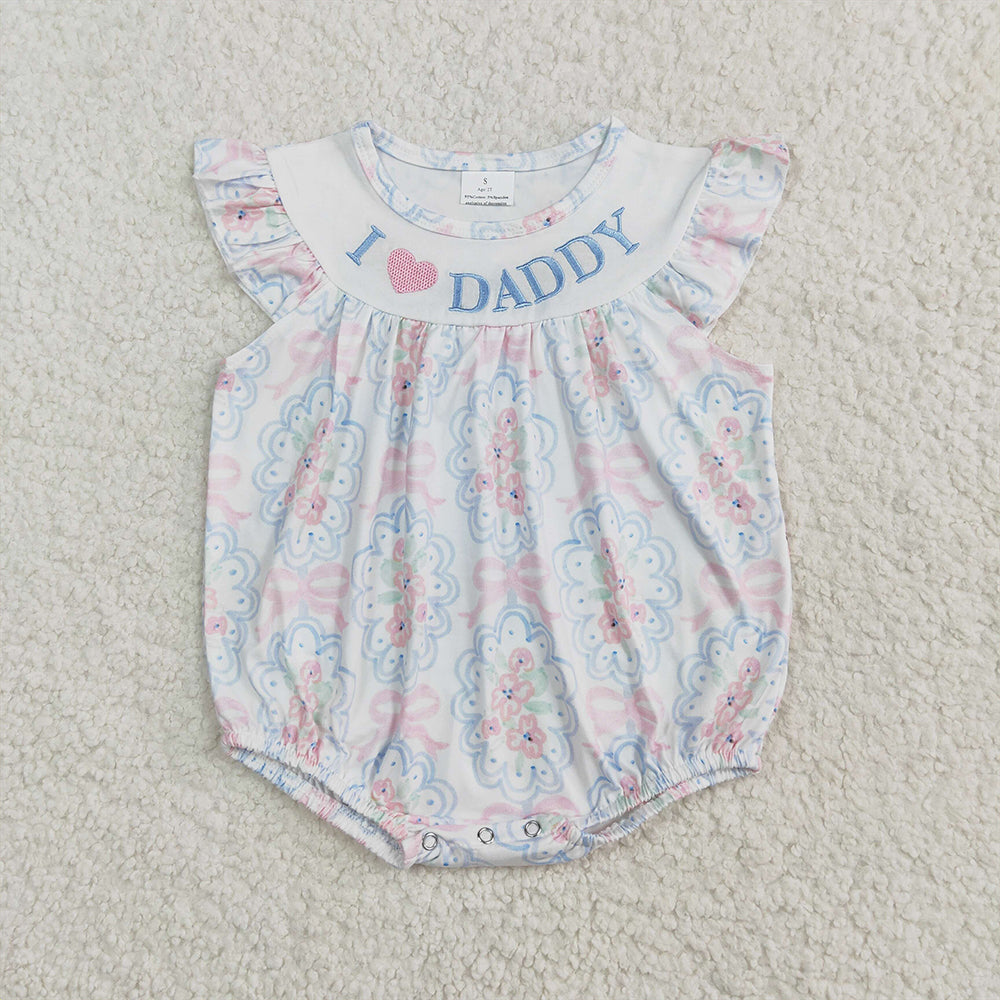 4.07 SR2946 RTS NO MOQ Baby Girls Summer Rompers I love Daddy floral bow baby girls summer romper