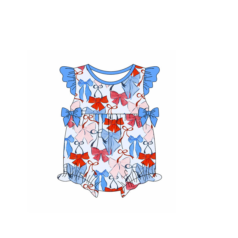 Girls Red Blue Bow Tunic Shorts Outfit with Flutter Sleeves for 4th of July Independence Day Celebration
