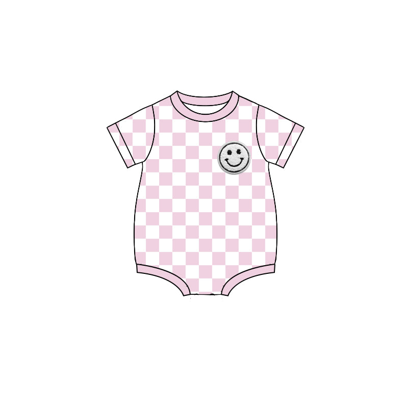 pre order Pink Plaid Short Sleeve Baby Boy Romper Smile Summer Outfit 100% Cotton Comfortable Fit Infant Clothing