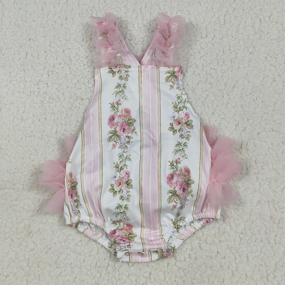 RTS NO MOQ (In stock)SR2964 Baby Girls Summer Rompers Baby Infant Girls Pink Tulle Strap Floral Stripe Ruffle Rompers