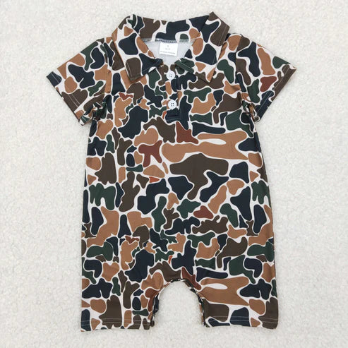 11.11 RTS Sibling Baby Boys Short Sleeves Dark Brown Camo Button Polo Shirts Top Rompers
