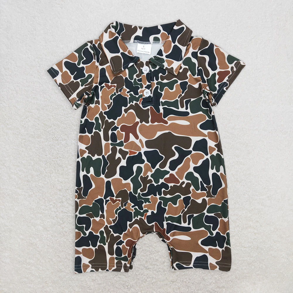 5.20 SR2979 RTS NO MOQ Baby Boys Summer Rompers Short sleeves brown camo baby boys polo romper
