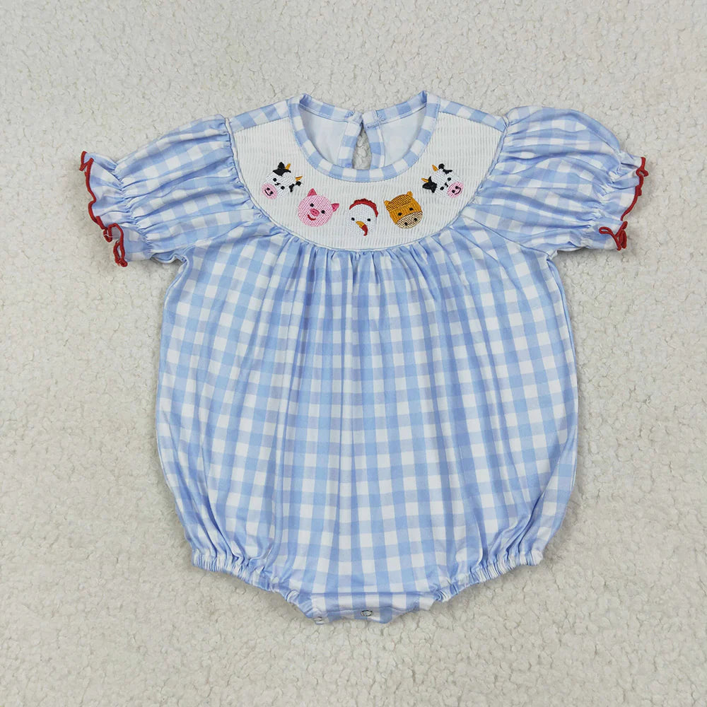 10.3 RTS Sibling Baby Girls Blue Plaid Cows Pigs Farm Smocked Rompers Dresses