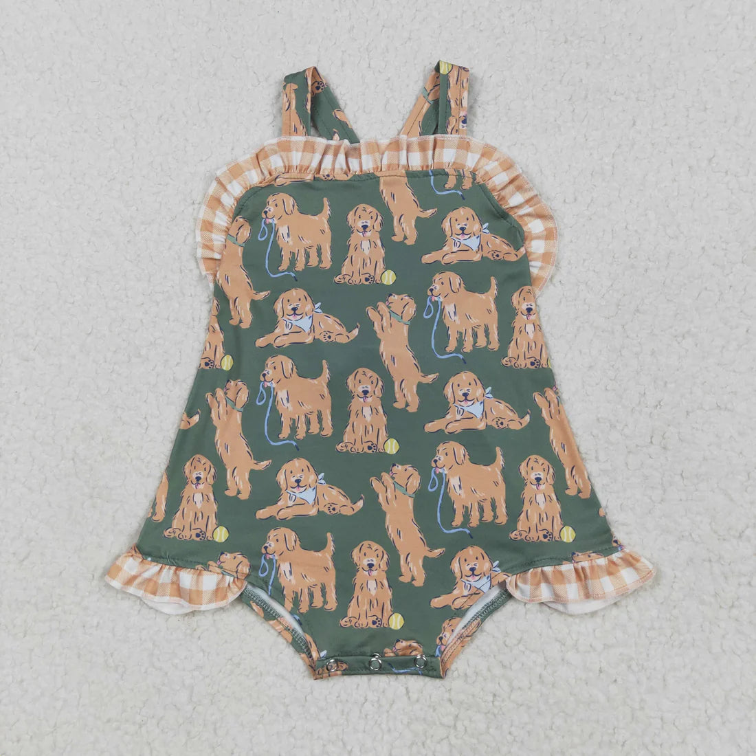 10.18 RTS Sibling Baby Girls Green Sleeveless Dogs Bows Tunic Khaki Plaid Ruffle Shorts Sets Rompers