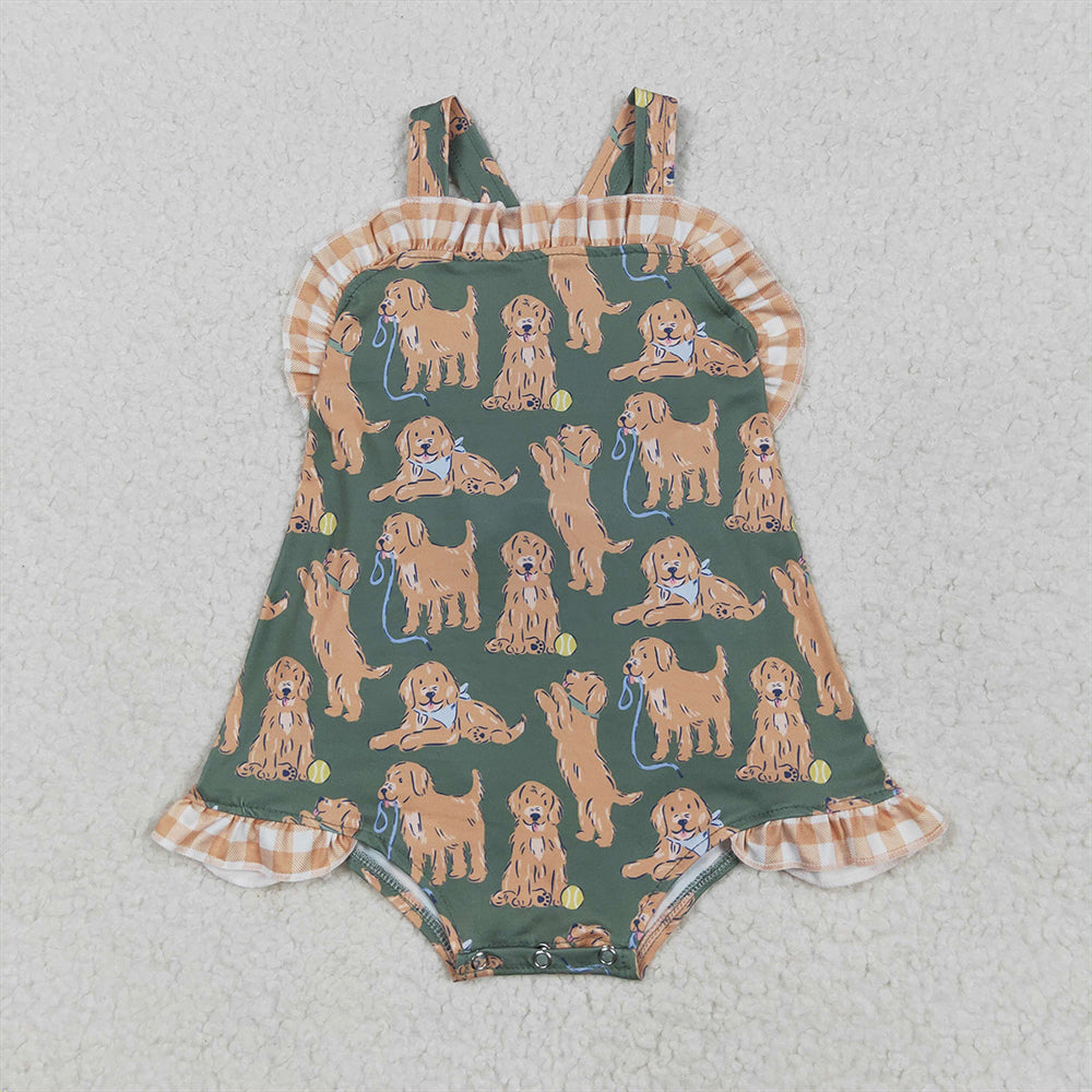 4.26 SR2986RTS NO MOQ Baby Girls Summer Rompers Straps khaki plaid ruffle dogs baby girls summer romper