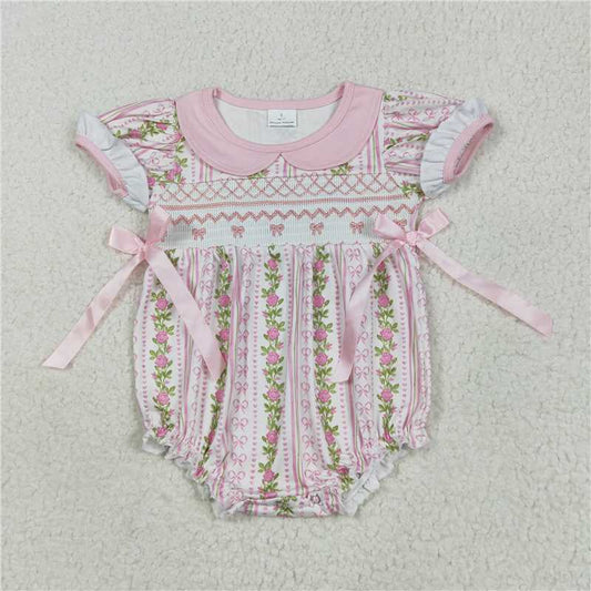 USA Warehouse (IN STOCK) SR2994 Baby Girls Summer Romper Short Sleeves Pink Bow Floral Print Cute Infant Outfit for Girls