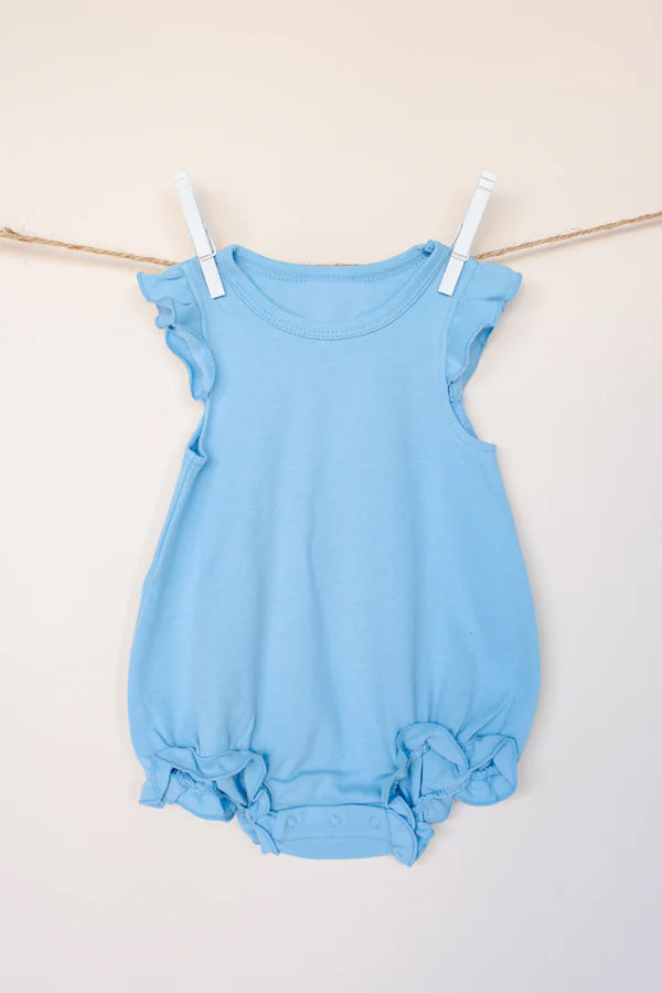 4.24 Pre order Light Blue Cotton Romper for Baby Girls with Flutter Sleeves Summer Outfit Infant Clothing