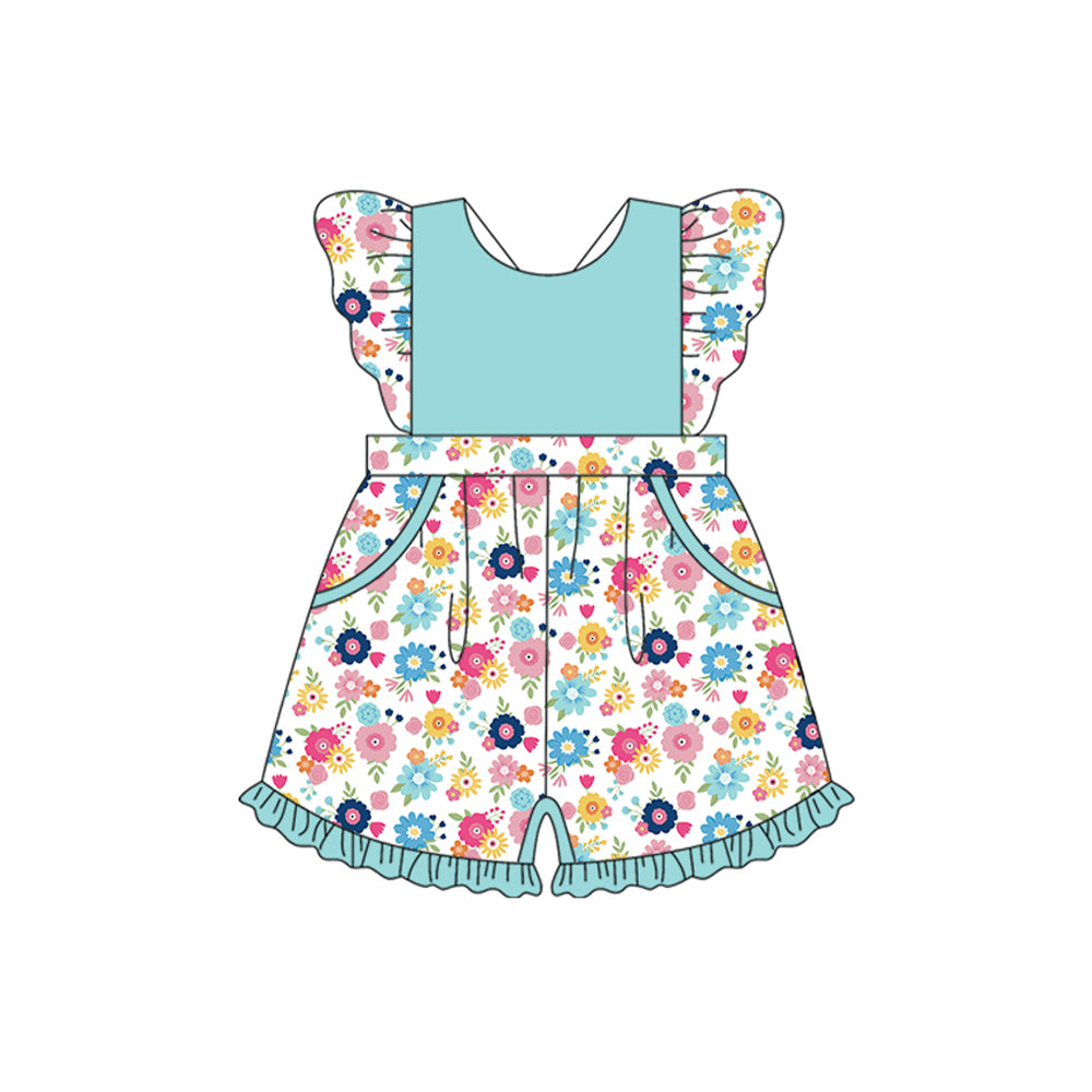 4.23 SR3009 Pre order Flutter sleeves floral pockets ruffle baby girls jumpsuit