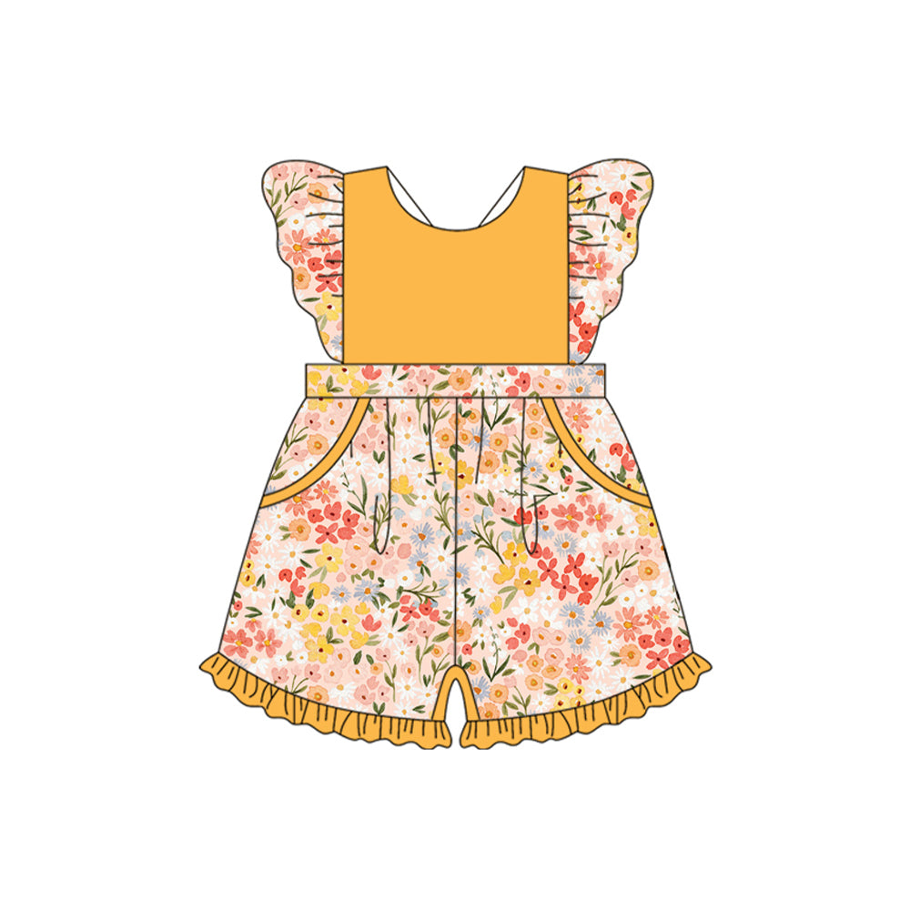 4.23 SR3013 Pre order Flutter sleeves yellow floral pockets ruffle girls jumpsuit