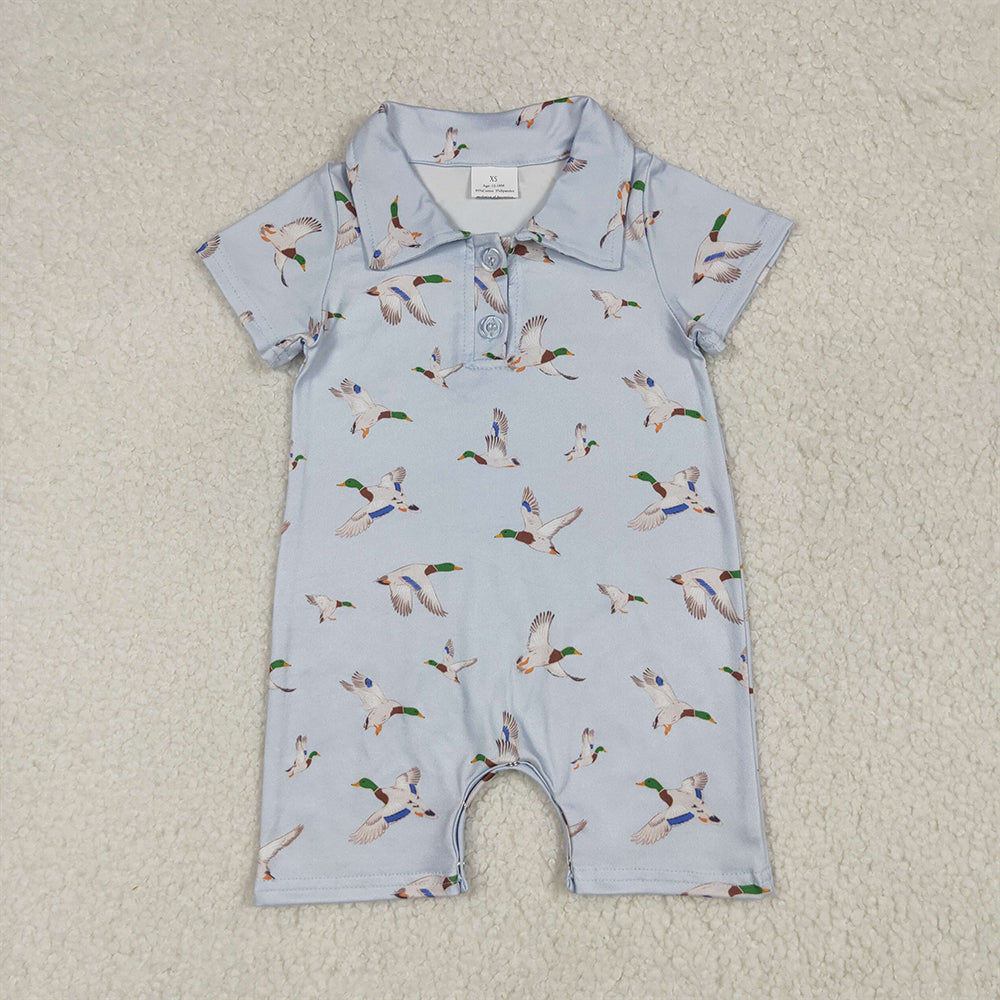 USA Shop (in stock) SR3032 RTS NO MOQ Baby Boys Summer Rompers Baby Boys Mallard Duck In Blue Short Sleeve Romper