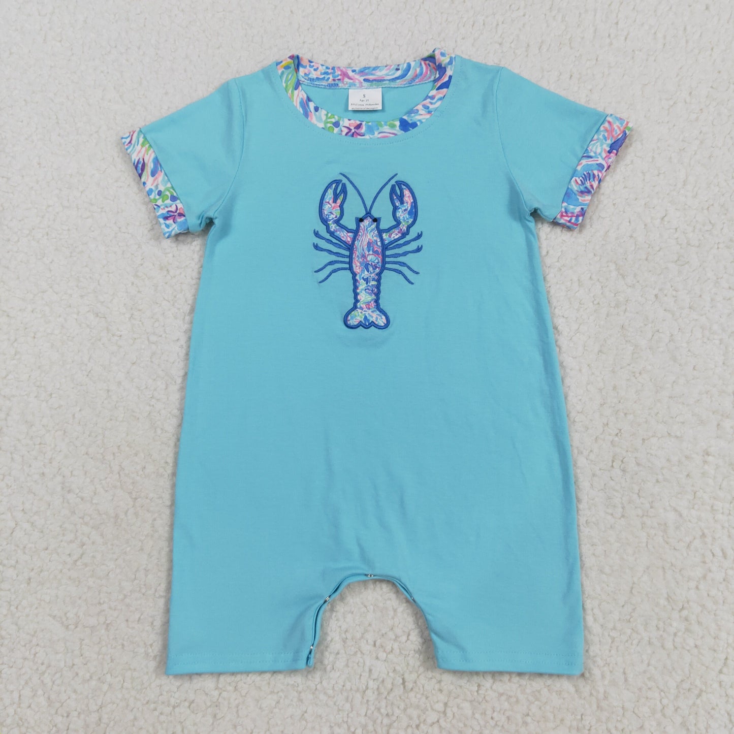 8.22 RTS NO MOQ (In stock)SR3044 Baby Boys Summer Rompers Embroidery Baby Boys Blue Short Sleeves Crayfish Rompers