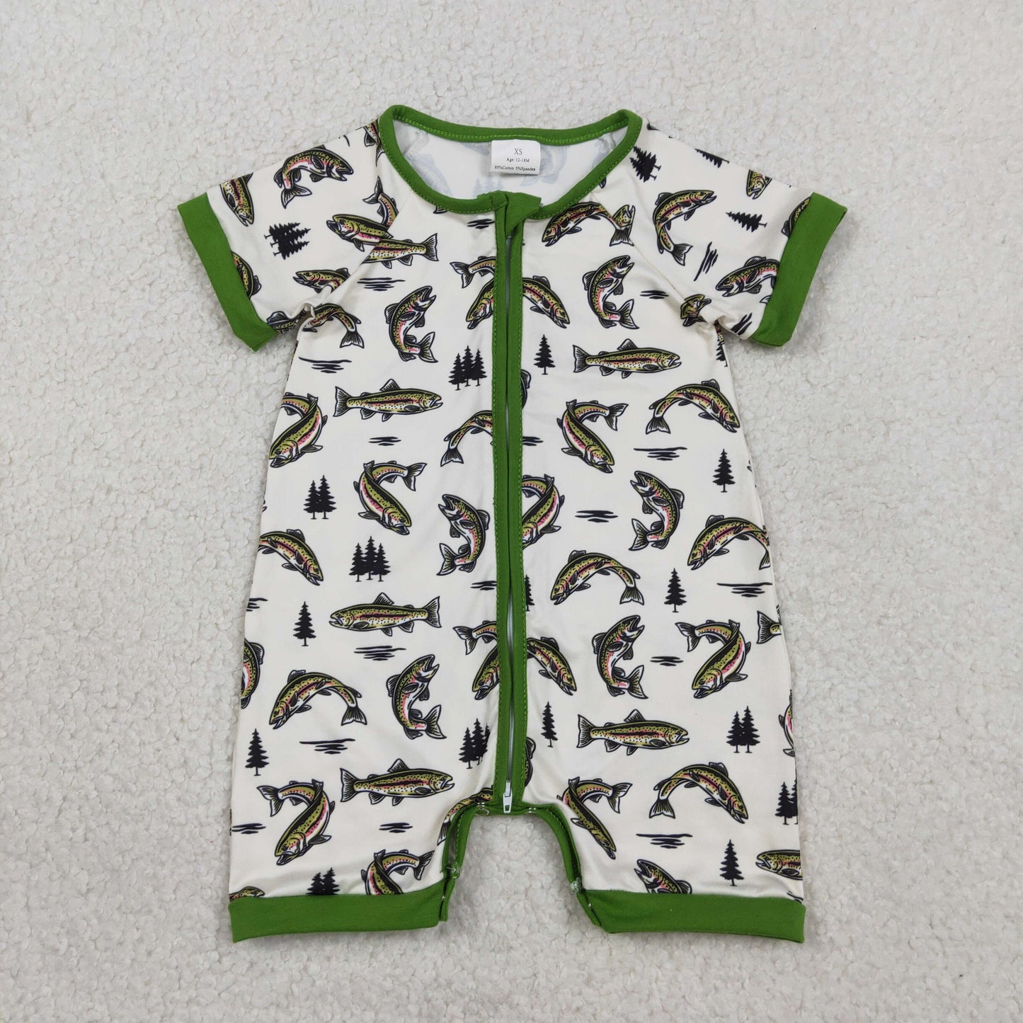 2.10 RTS NO MOQ (In stock)SR3095 Baby Boys Short Sleeves Fishes Green Hunting Zipper Rompers