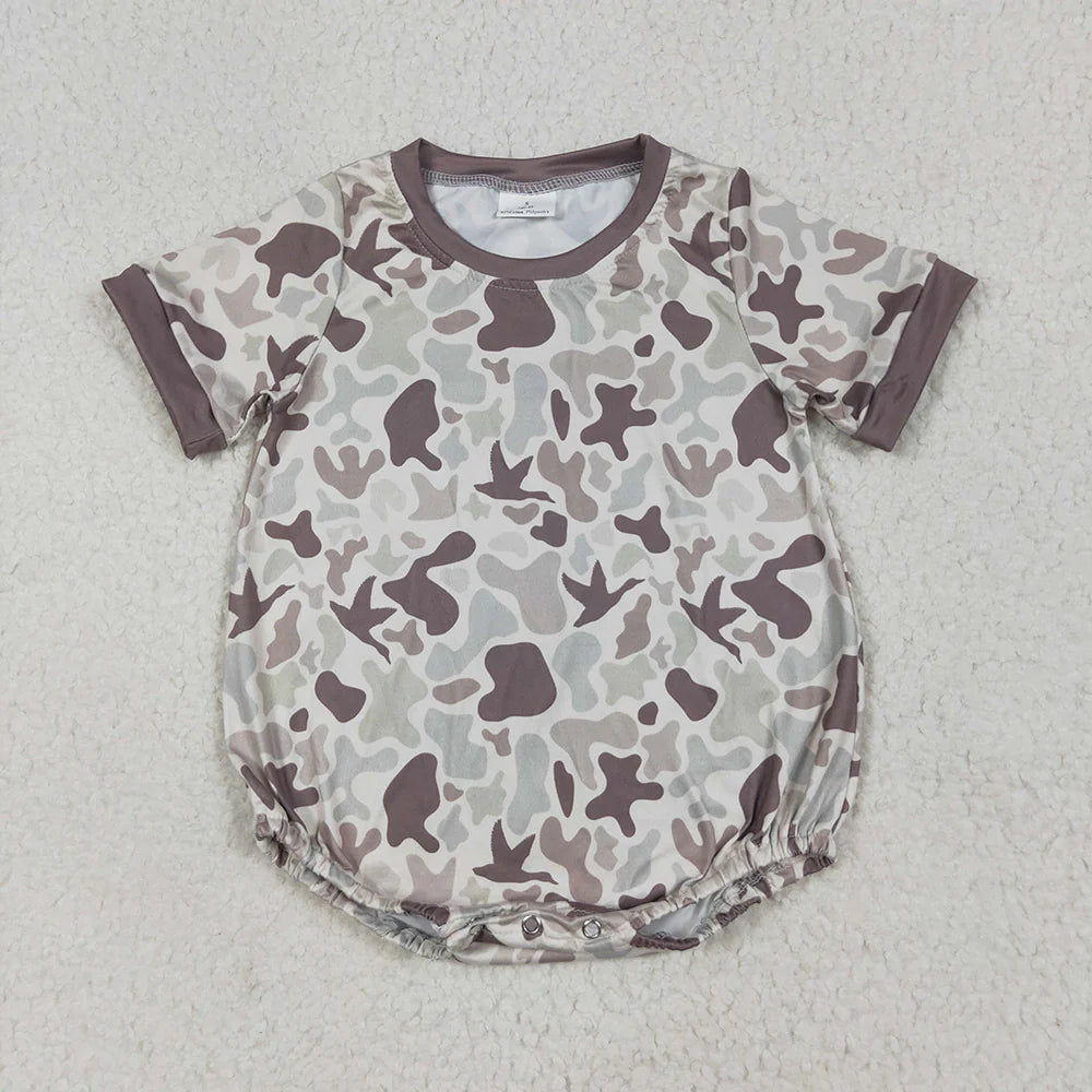 10.2 RTS Sibling Baby Boys Khaki Ducks Camo Button Rompers Shirts