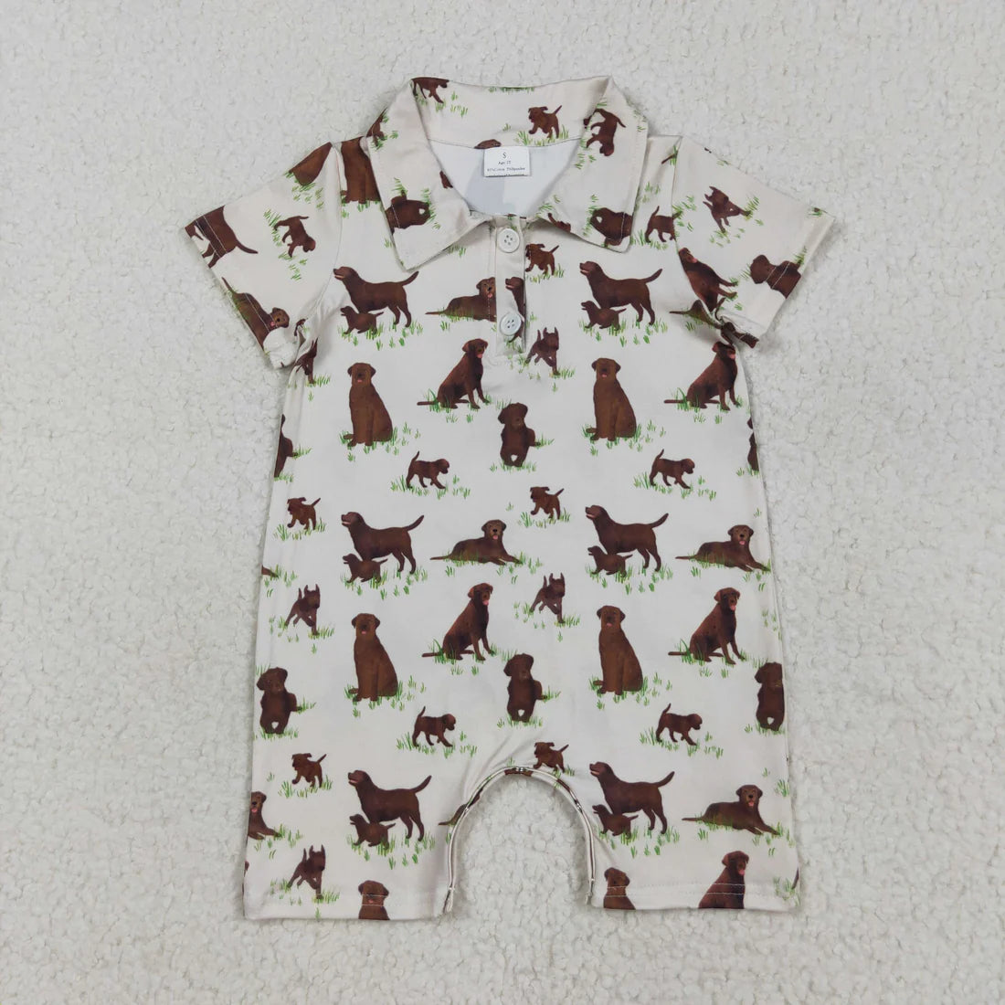 11.25 RTS Sibling Baby Short Sleeve Button Boys Dogs Hunting Polo Shirt Top Short Romper