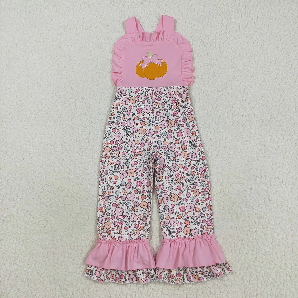9.29 RTS Sibling Embroidery Ghost Pumpkins Baby Girls Strap Floral Fall Halloween Ruffle Jumpsuits
