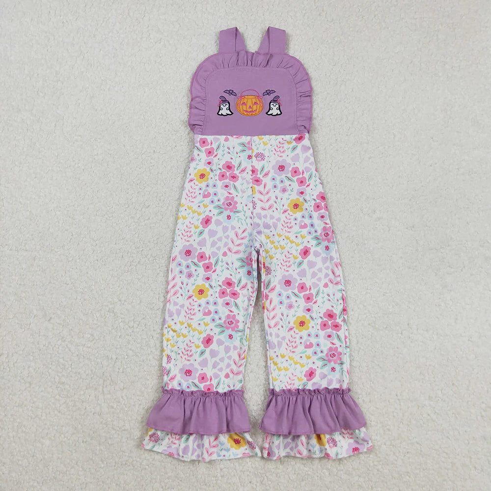 9.29 RTS Sibling Embroidery Ghost Pumpkins Baby Girls Strap Floral Fall Halloween Ruffle Jumpsuits