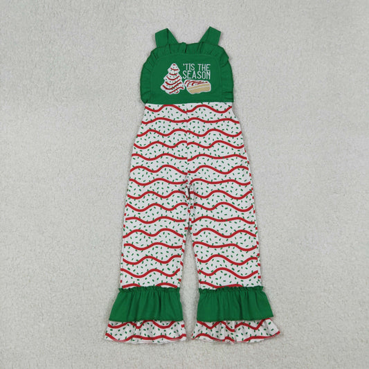 RTS NO MOQ (In stock)SR3178 Baby Girls Summer Jumpsuits Girls Green Ruffle Straps Christmas Tree Cake Jumpsuit