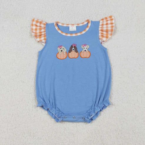 9.19 RTS Sibling Baby Boys Girls Embroidery Pumpkins Dogs Shorts Clothes Sets Rompers