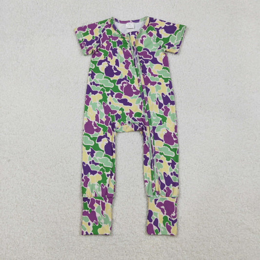 10.22 RTS NO MOQ (In stock)SR3211 Baby Boys Winter Rompers Baby Boys Mardigras Camo Short Sleeve Zipper Footie Rompers