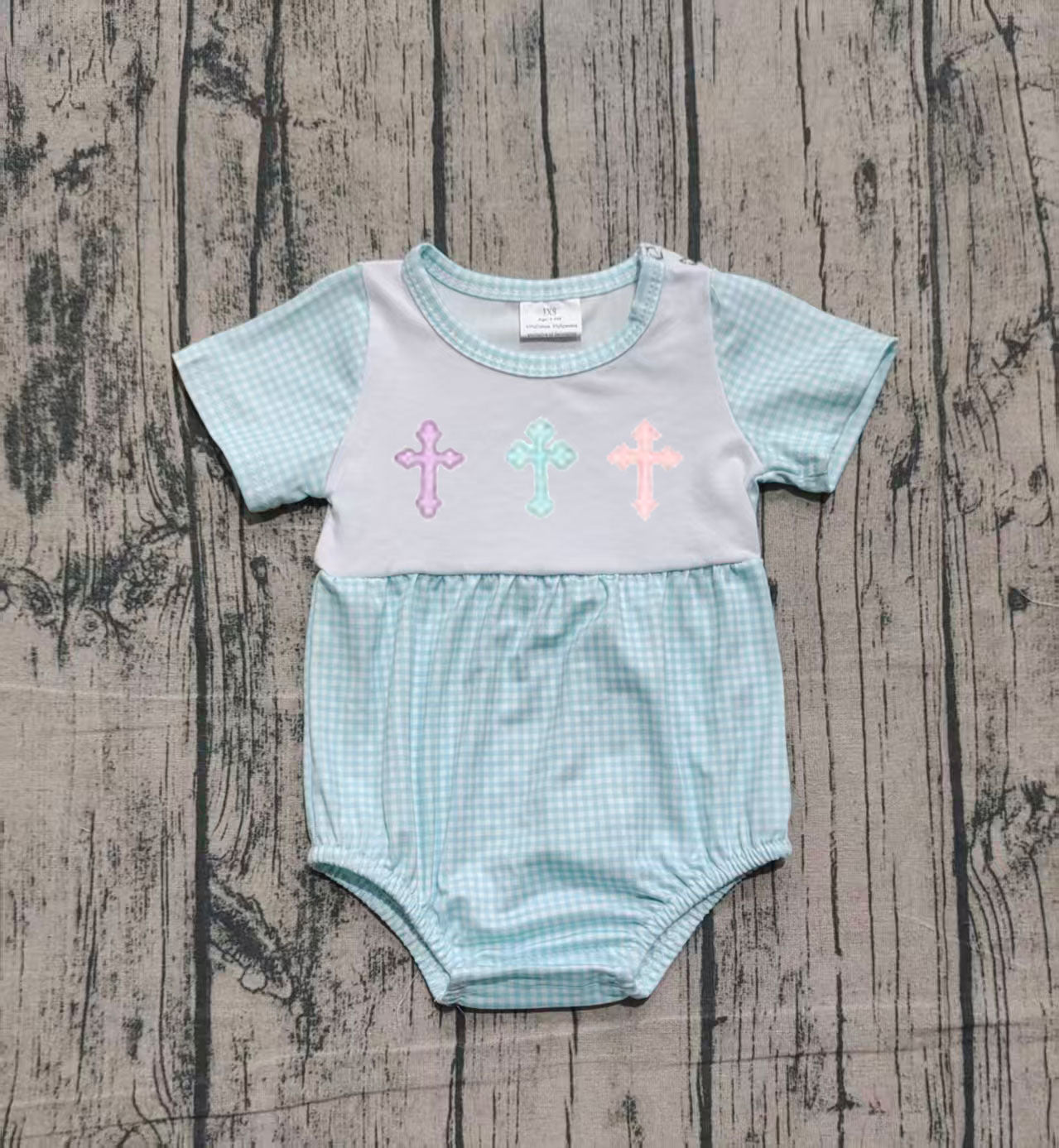 10.11 SR3215 Sample No Moq Embroidery Crosses Baby Boys Short Sleeve Easter Rompers