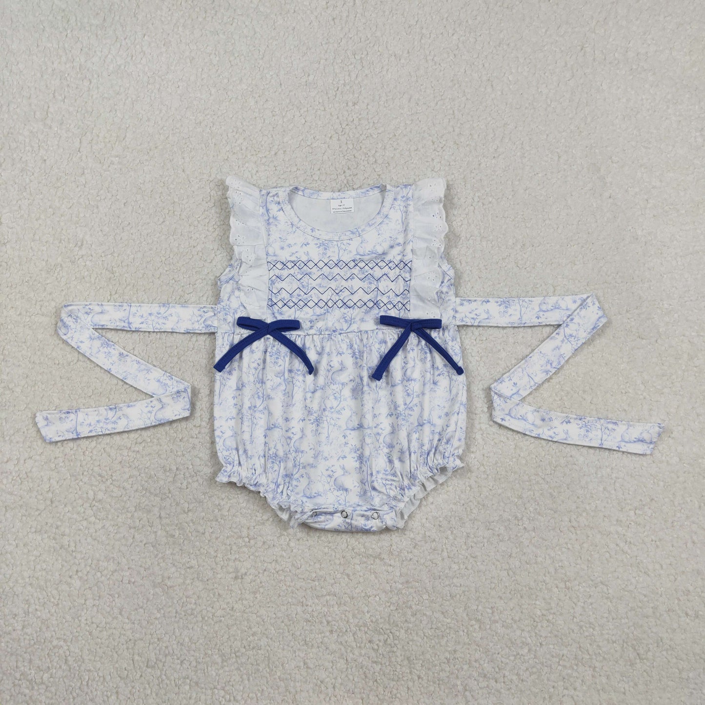 3.10 RTS NO MOQ (In stock)SR3219 Children's Fashion Romper Baby Girls Embroidery Sleeveless Rabbits Flowers Easter Ruffle Rompers