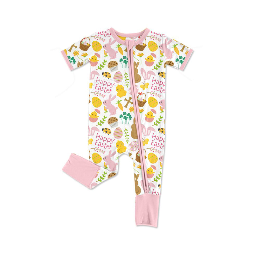 9.26 SR3239 Pre order No Moq Baby Girls Flowers Rabbits Eggs Happy Easter Zipper Rompers