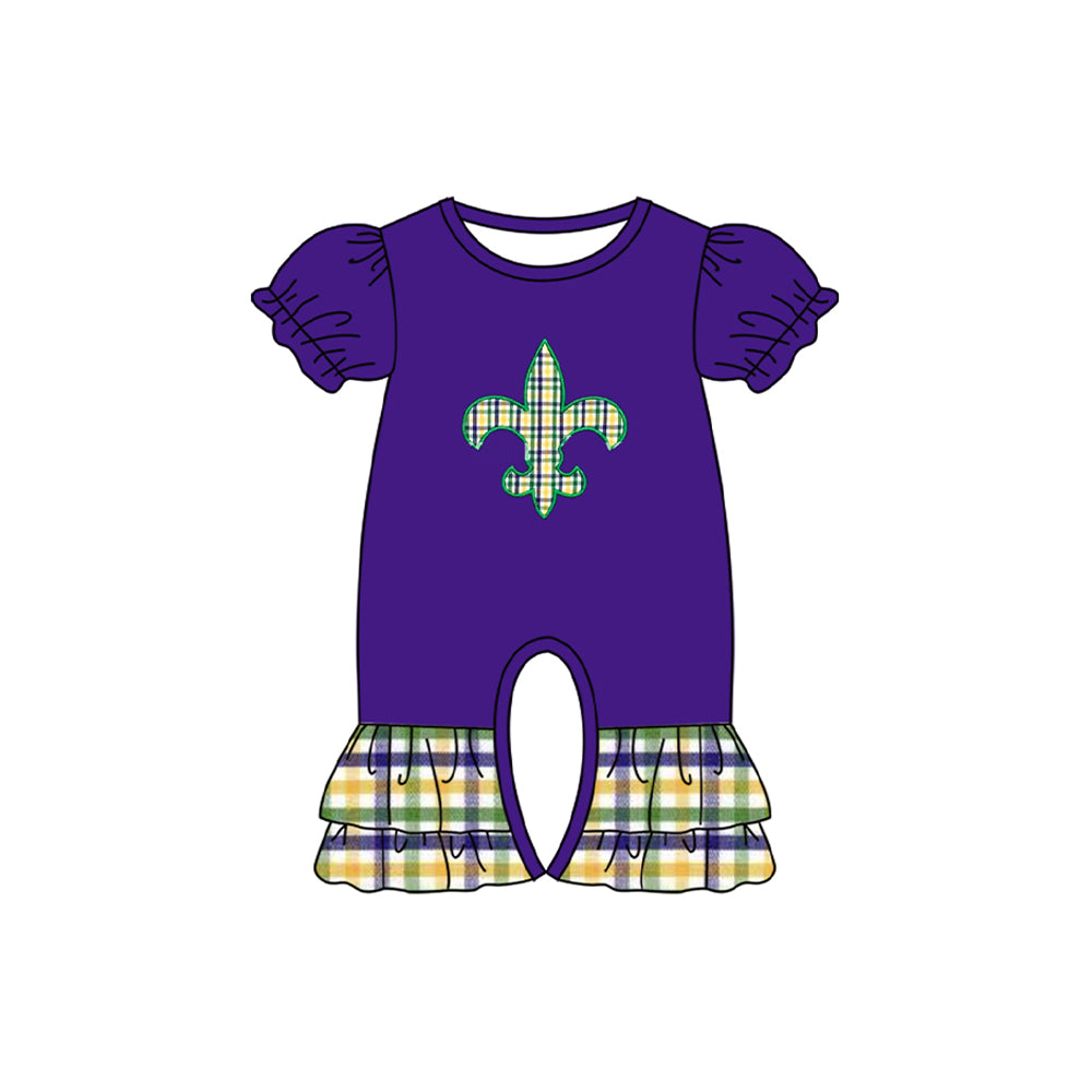 9.26 SR3240 Pre order No Moq Baby Girls Purple Checked Anchor Mardigras Ruffle Rompers