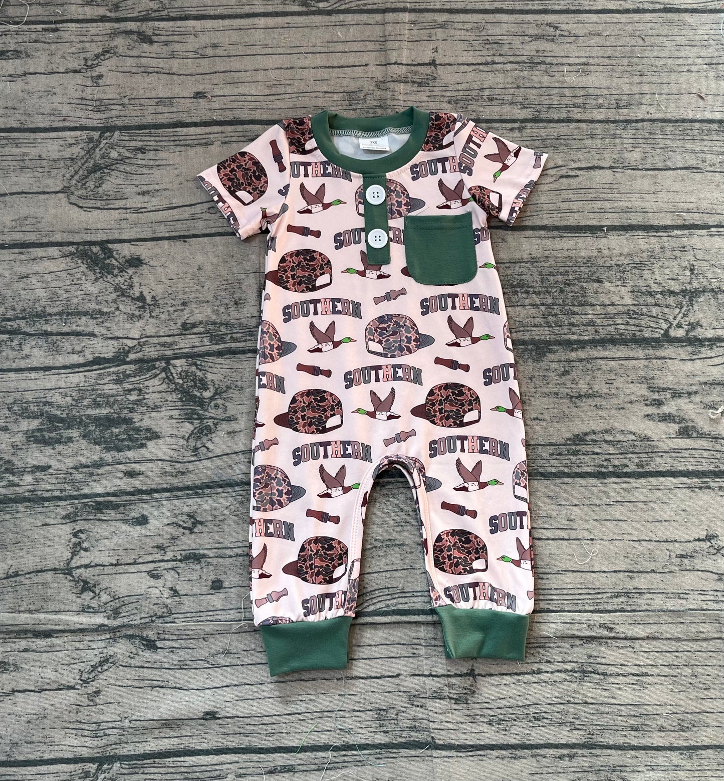 11.14 SR3245 Sample No Moq Baby Boys Camo Hats Ducks Pocket Southern Footie Rompers