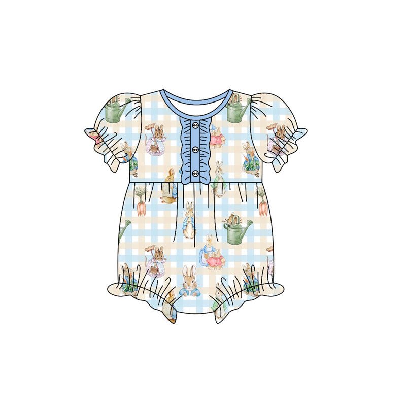 9.27 SR3251 Pre order No Moq Baby Girls Blue Checked Rabbits Easter Button Ruffle Rompers
