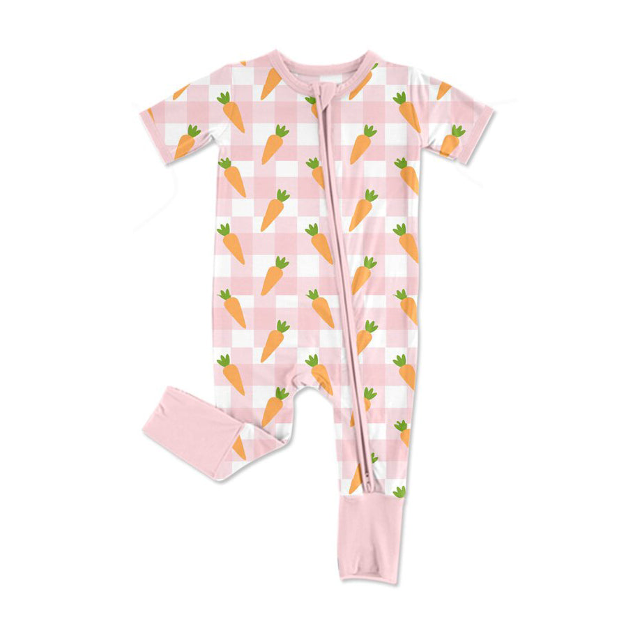 9.29 SR3255 Pre order No Moq Baby Girls Pink Checked Carrots Easter Zipper Footie Rompers